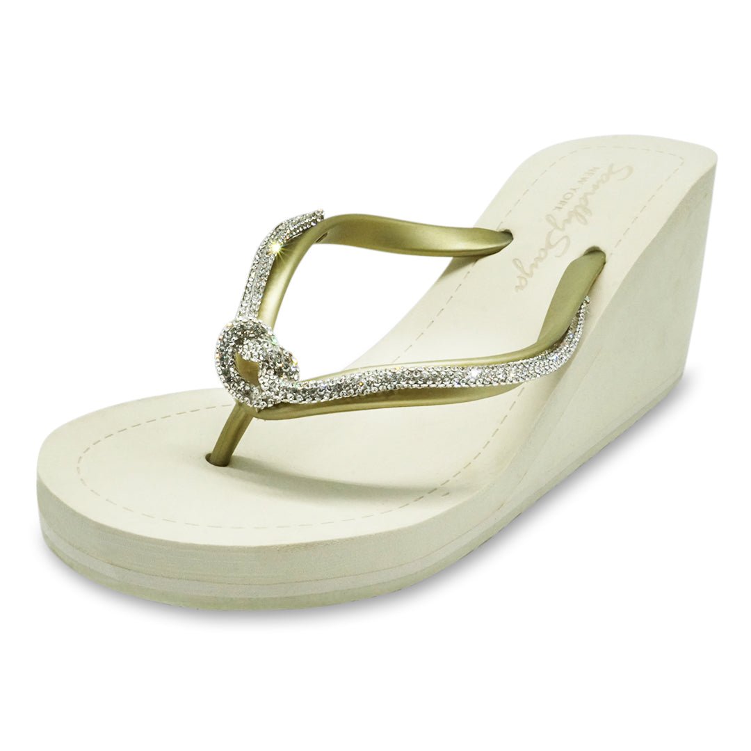 【JP】Knot_ Rhinestone Crystal Rope Embellished Women's High Wedge Flip Flops Sandal-Japan Stock