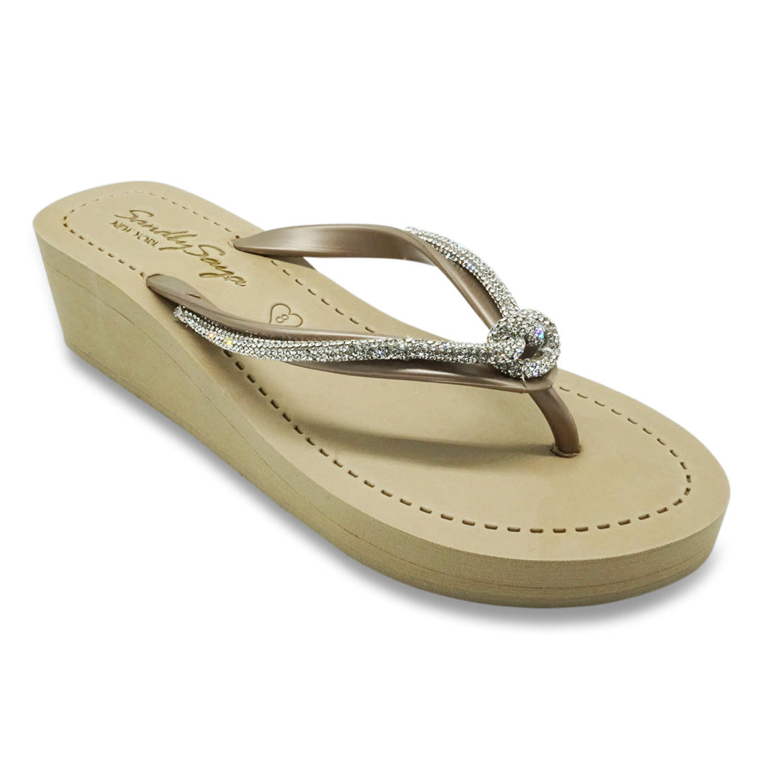 【JP】プレッツエルロープビジューのミッドウェッジビーチサンダルKnot_Crystal Rhinestone rope Women's Mid Wedge Sandal