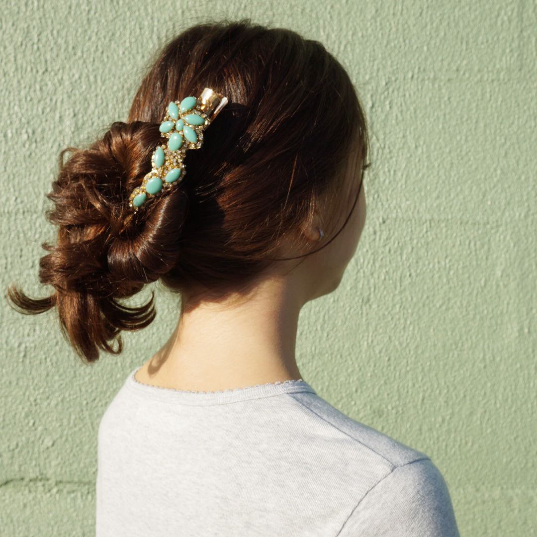 【NY】Brooklyn Turquoise Flower Hair Clips - Rhine Stone Embellished Accessory