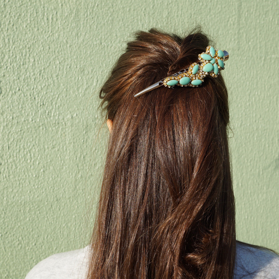 【NY】Brooklyn Turquoise Flower Hair Clips - Rhine Stone Embellished Accessory