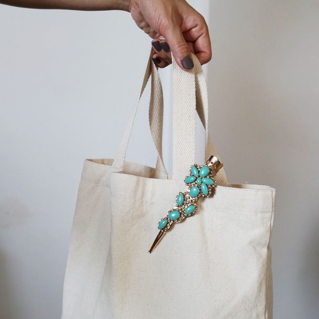 【NY】Brooklyn Turquoise Flower Hair Clips - Rhine Stone Embellished Accessory