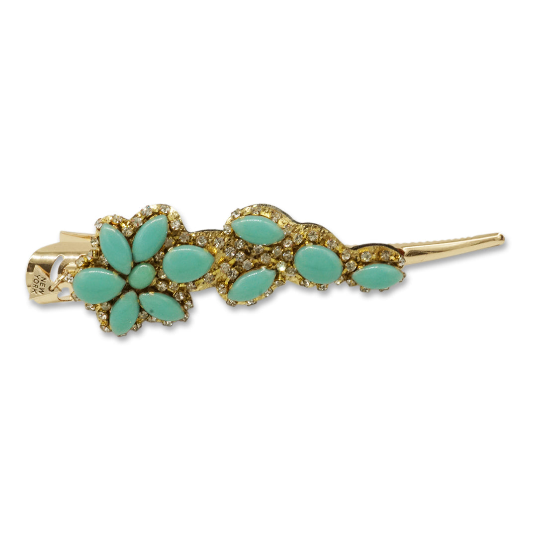 【NY】Brooklyn Turquoise Flower Hair Clips - Rhine Stone Embellished Accessory