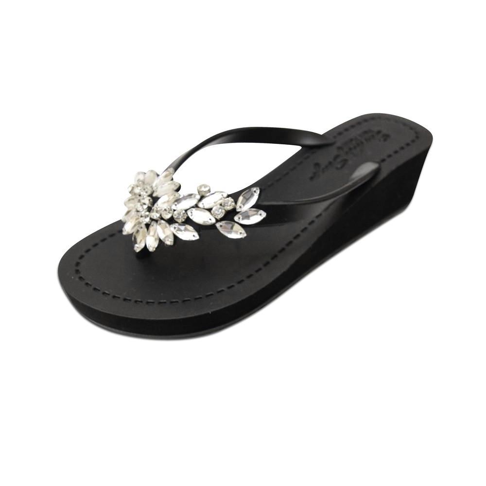 Black Mid Wedge Heels Women's Sandals with Crystal Manhattan