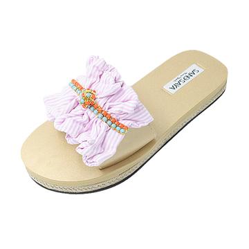 【JP】ピンクストライプフリルにターコイズとコーラルピンクのビジュー レディースフラットサンダルHudson Pink - Waterproof Espadrille Flat Sandal-Japan Stock