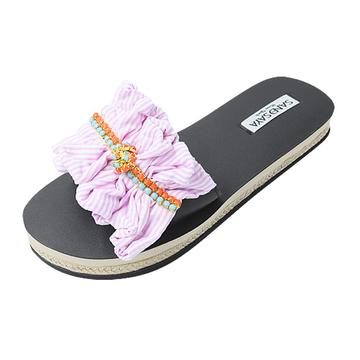 【JP】ピンクストライプフリルにターコイズとコーラルピンクのビジュー レディースフラットサンダルHudson Pink - Waterproof Espadrille Flat Sandal-Japan Stock
