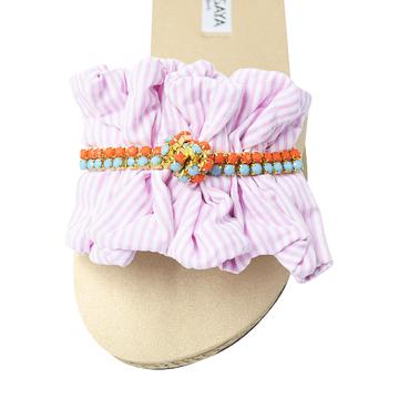 【JP】ピンクストライプフリルにターコイズとコーラルピンクのビジュー レディースフラットサンダルHudson Pink - Waterproof Espadrille Flat Sandal-Japan Stock