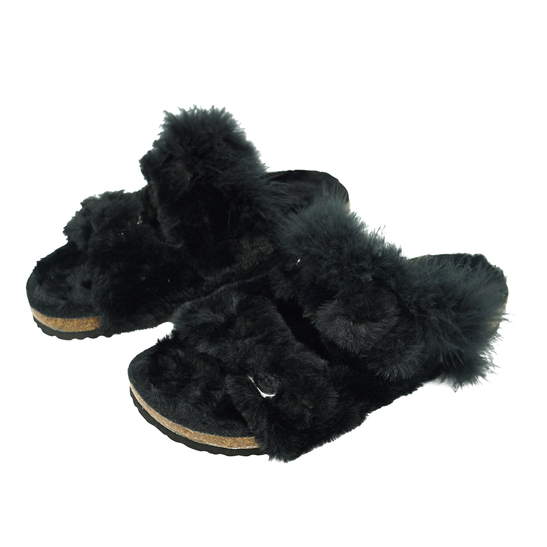 【NY発】リアルフェザーのスライドサンダルShearling Fur Slide with Feather - Black Flat Women's Sandals