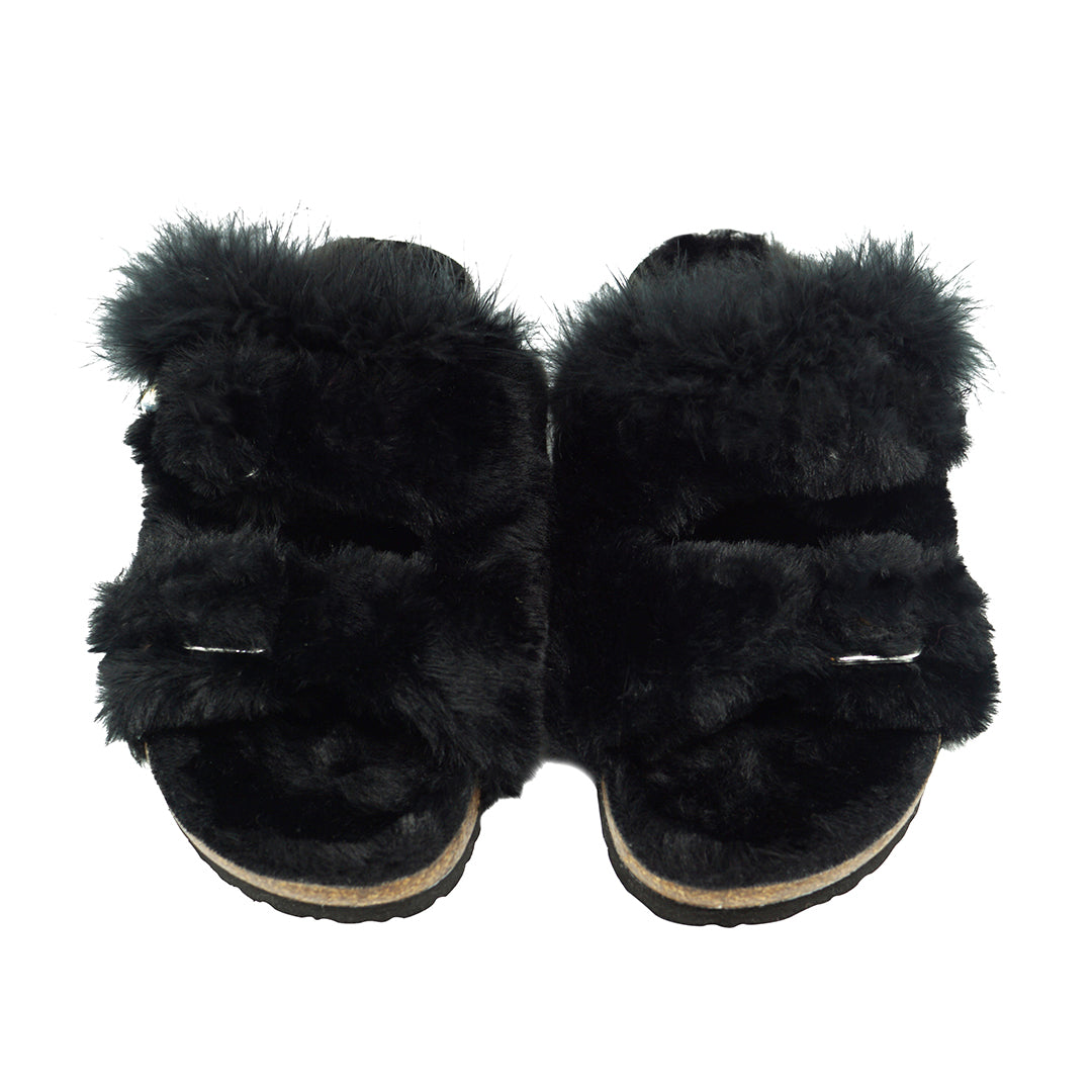 【NY発】リアルフェザーのスライドサンダルShearling Fur Slide with Feather - Black Flat Women's Sandals