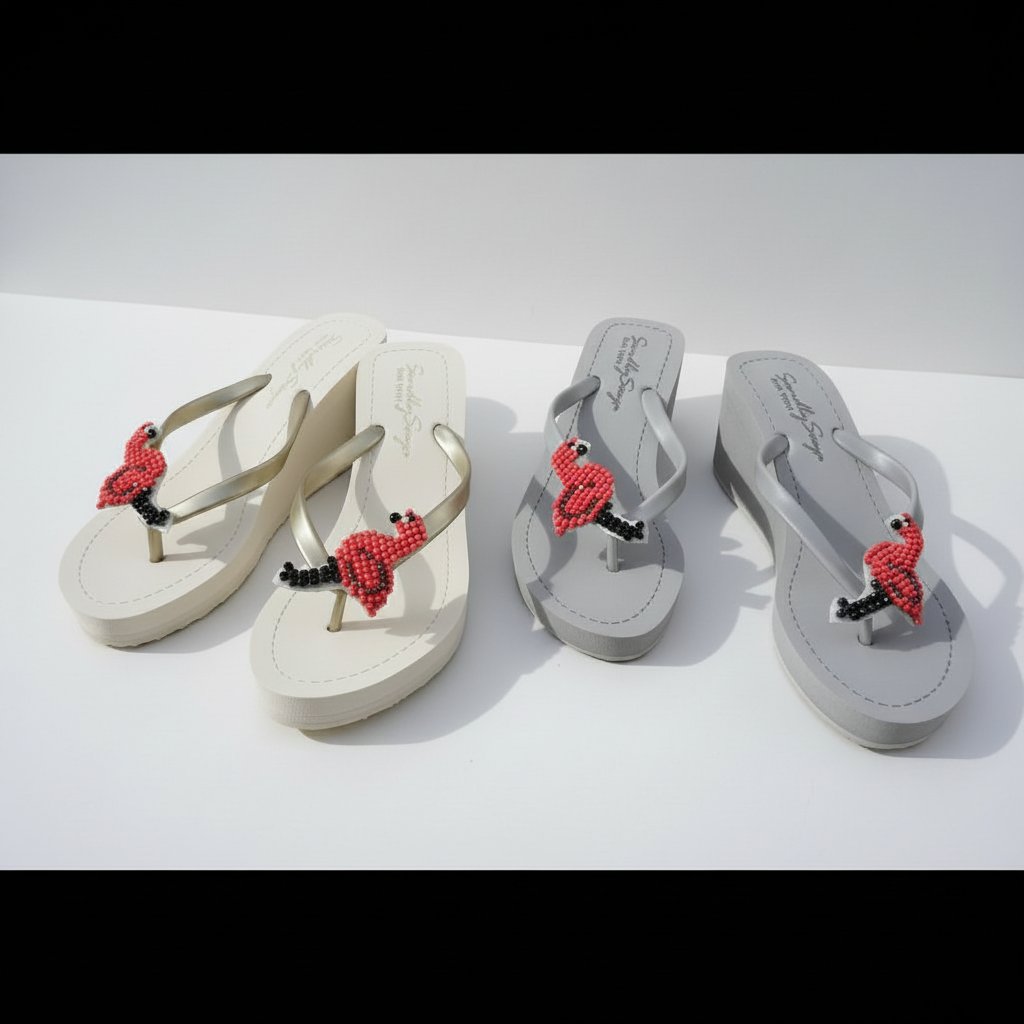 【JP】ピンクフラミンゴの快適ビジューハイウェッジFlamingo - Women's High Wedge-Japan Stock
