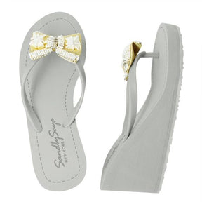 【JP】ゴールドリボンとパール刺繍のハイウェッジ　Gold & Pearl Bow - Women's High Wedge