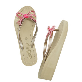 【JP】Rhinestone Pink Bow - Women's Mid Wedge Sandal