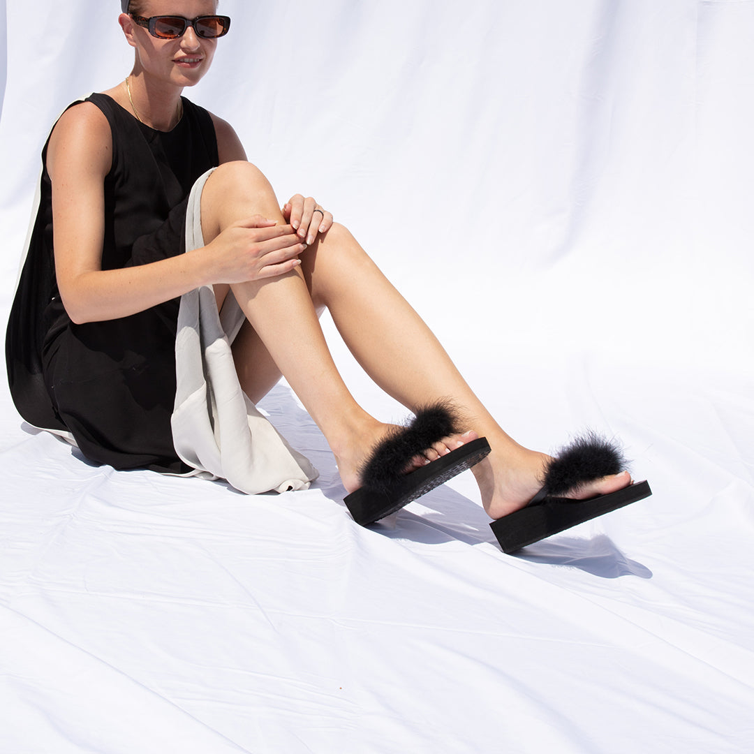 【NY】Black Feather - Embellished Women's Mid Wedge Flip Flops Sandal