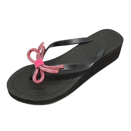 【NY】Rhinestone Pink Bow - Women's Mid Wedge Sandal