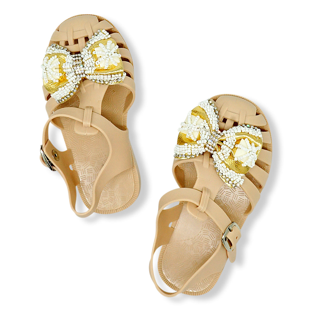【NY】Gold Bow Beaded Embellished Jelly Sandal- Girls / BABY Shoes