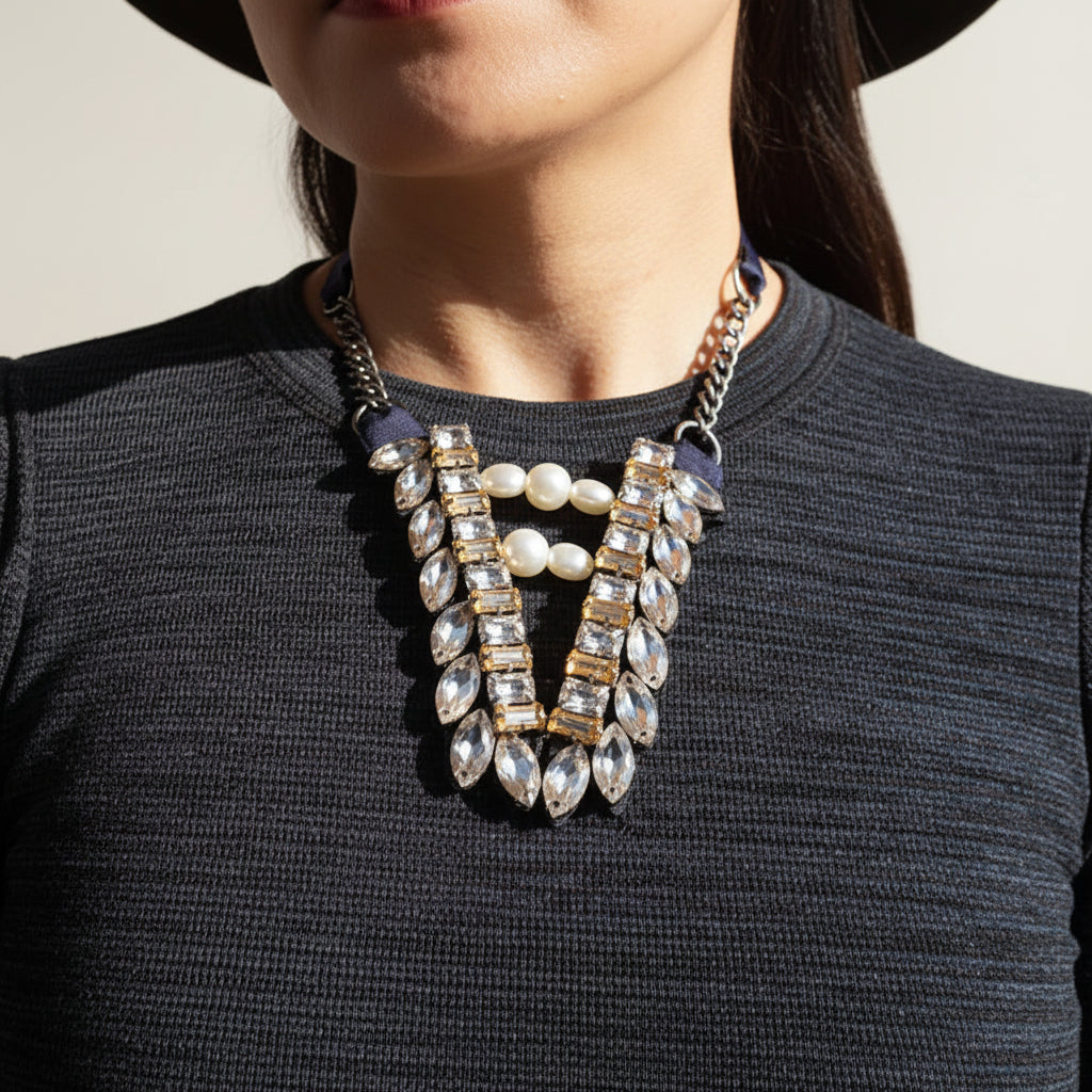 【NY】ゴールドビジューリーフとパールのネックレスSmith Ribbon Necklace