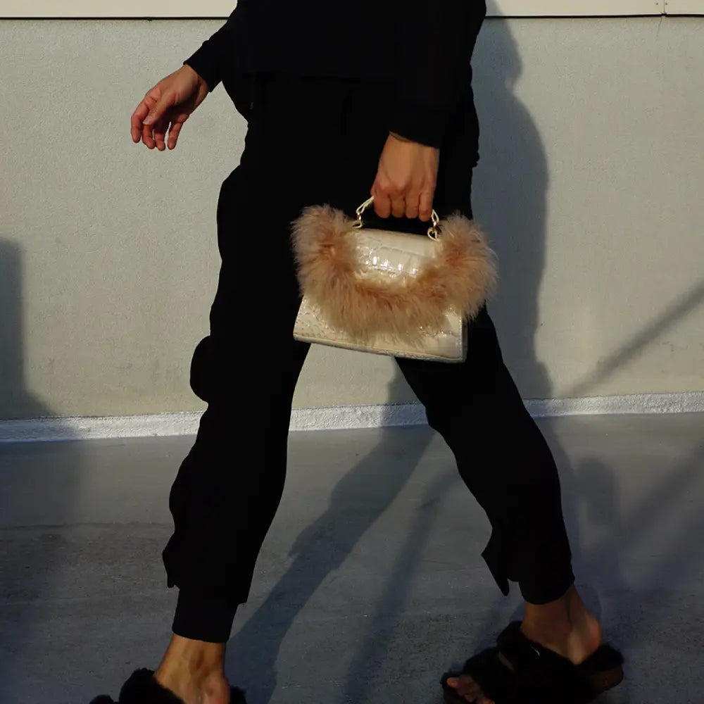 【NY】Beige Mini Bag with Crocodile Texture & Feather Embellishment