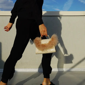 【NY】Beige Mini Bag with Crocodile Texture & Feather Embellishment