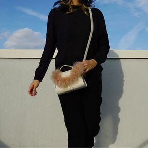 【NY】Beige Mini Bag with Crocodile Texture & Feather Embellishment