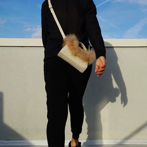 【NY】Beige Mini Bag with Crocodile Texture & Feather Embellishment