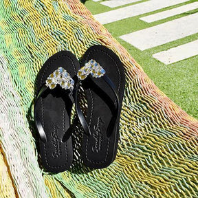 Black Mid Heels Women's Sandals with Crystal Chelsea Heart Lovely Embellishment