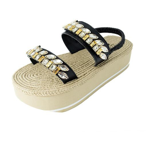 ビジュー 刺繍のプラットフォーム厚底ウェッジスライドサンダル