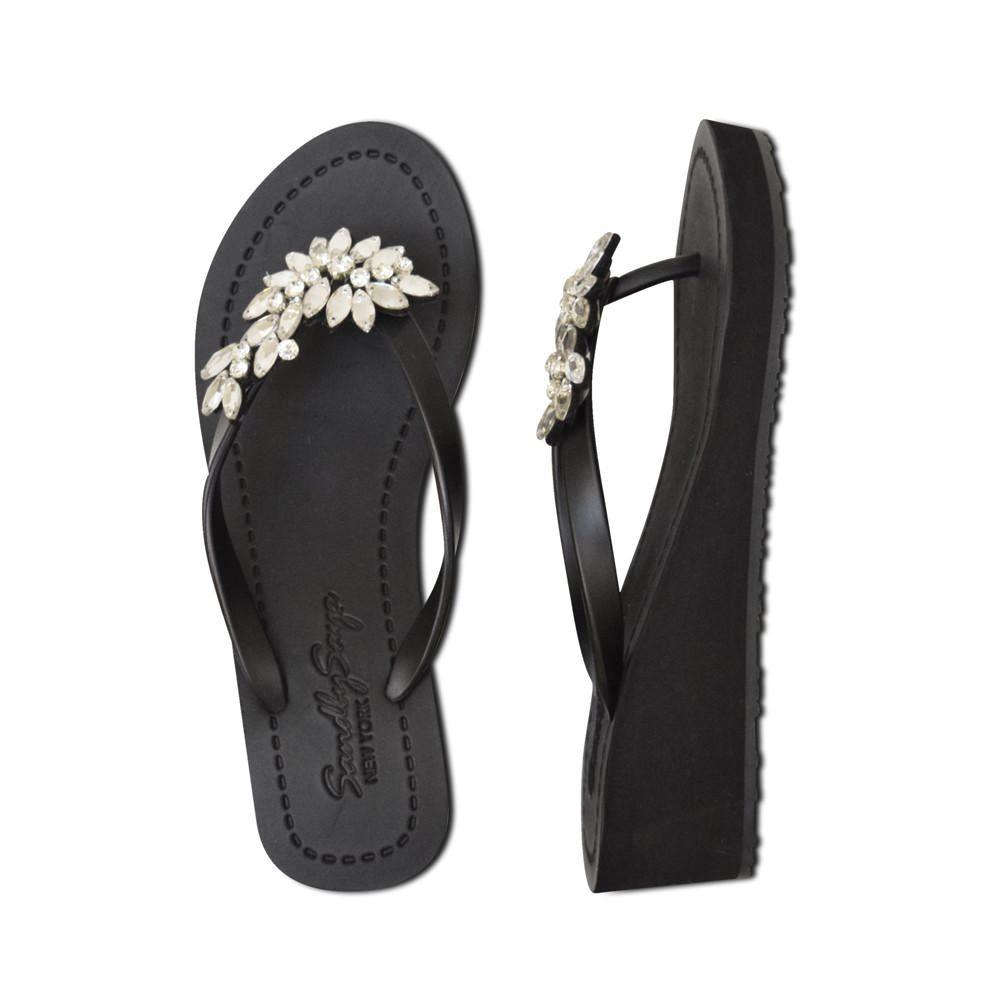 Black Mid Wedge Heels Women's Sandals with Crystal Manhattan