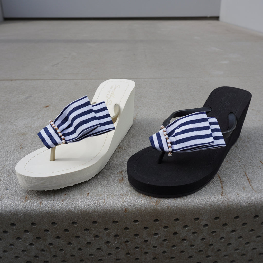 【JP】ストライプ＆ビジューウェッジMarine Park - Women's High Wedge-Japan Stock