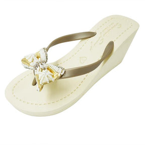 【NY】Gold & Pearl Bow - Women's High Wedge