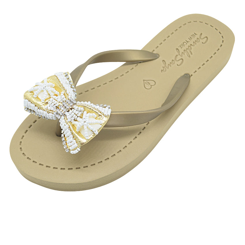 【JP】Gold & Pearl Bow - Women's Flat Sandal-Japan Stock