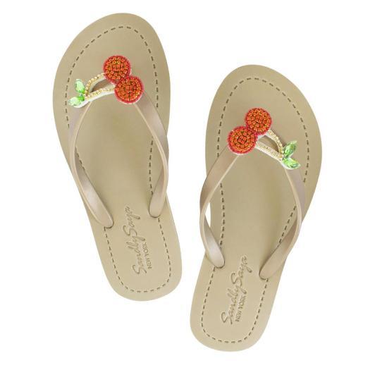 Gold Women's Flat Sandals with Cherry, Flip Flops summer