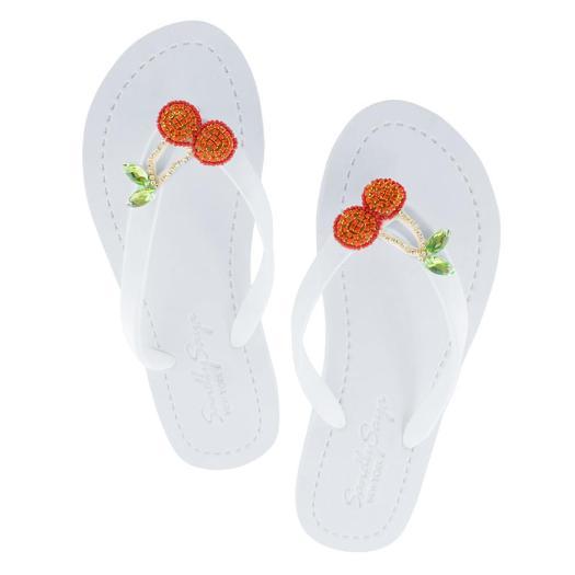 White Women's Flat Sandals with Cherry, Flip Flops summer