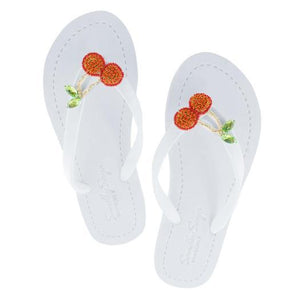 White Women's Flat Sandals with Cherry, Flip Flops summer