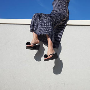 【NY】Raffia Pom poms - Women's High Wedge Sandal