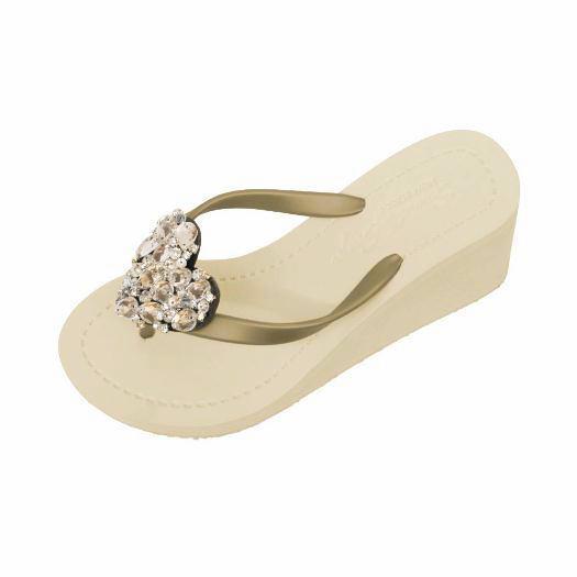 Gold High Wedge Women's Sandals with Crystal Chelsea Heart Lovely Embellishment