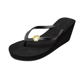 Black Women's High heels Sandals with Gold Shell, Flip Flops summer