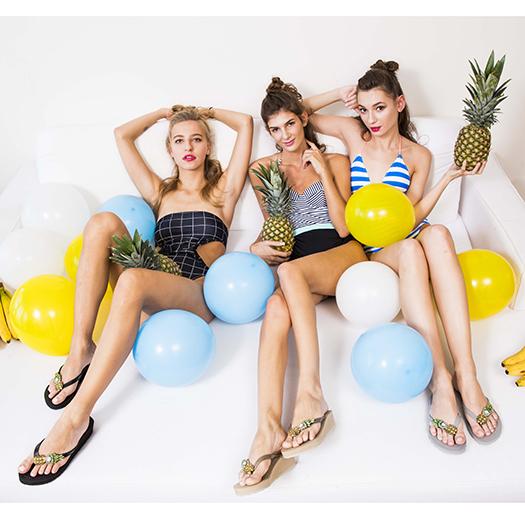 Gold Women's Mid heel Sandals with Pineapple, Flip Flops summer 