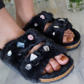 【NY】Shearling Fur Slide with rhinestones - Black Flat Women's Sandals