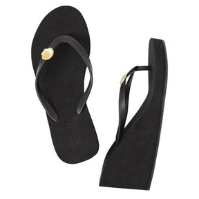 Gold shell black high wedge sandals