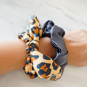 【NY】Leopard bunny & Silk Hair Scrunchies- Set of 2 in a box