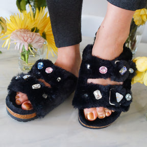 【NY】Shearling Fur Slide with rhinestones - Black Flat Women's Sandals