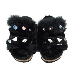 【NY】Shearling Fur Slide with feather and rhinestones - Black Flat Sandals